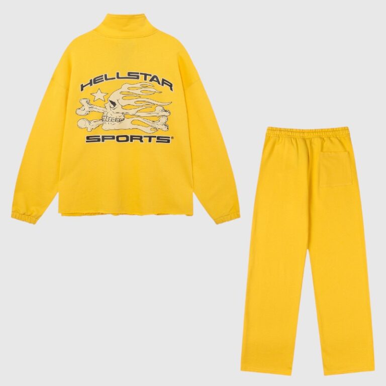 Hellstar Sports yellow tracksuit featuring a graphic logo jacket and matching cotton sweatpants for streetwear.