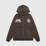 Front view of the black Hellstar Studios zip-up hoodie featuring a white logo graphic on the chest and a hood.