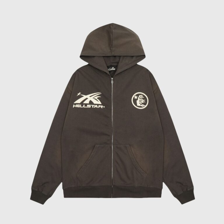 Front view of the black Hellstar Studios zip-up hoodie featuring a white logo graphic on the chest and a hood.