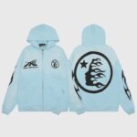 Light blue Hellstar Sports zip-up hoodie featuring flame graphic logos on the front and back for streetwear style.