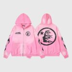 Pink Hellstar Studios zip-up hoodie featuring signature front and back logos with flame graphics on the sleeves.