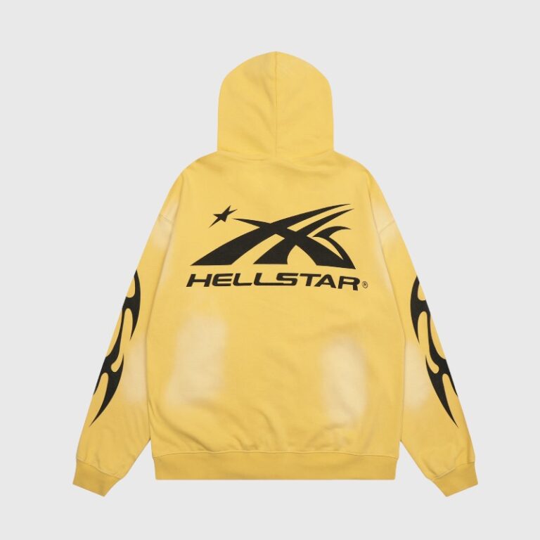 Back view of a yellow Hellstar Sports zip-up hoodie featuring black graphic print logos and sleeve flame details.
