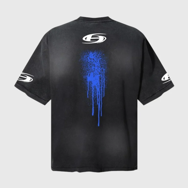 Black Hellstar T-shirt featuring a blue vertical spray paint logo graphic on the back and sleeve branding details.