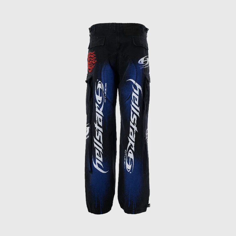 Hellstar Spray Paint Studio cargo pants in black featuring a unique blue distressed graffiti print and utilitarian pockets.