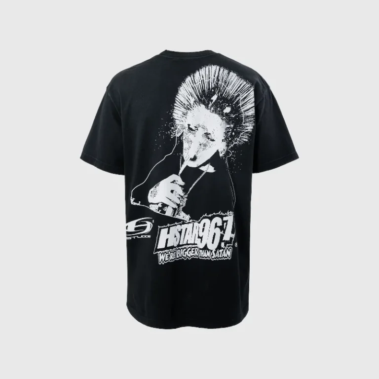Black Hellstar Spray Radio T-shirt featuring a white distressed graphic print of a person and radio station branding.