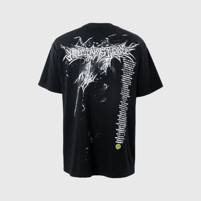 Back view of the black Hellstar Spraycan Faces Collage t-shirt featuring intricate urban graphic print details.
