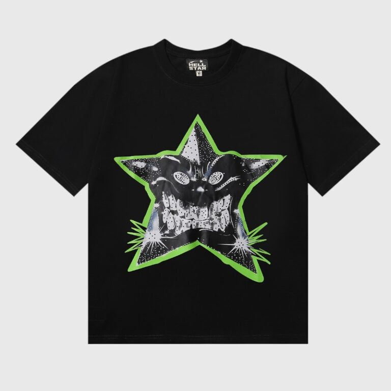 Black Hellstar Star T-shirt with a stylized monster star graphic outlined in neon green screen print design.