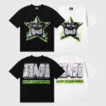 Hellstar Star T-Shirt in black and white with a demonic star graphic, neon green outline, and Path to Paradise text.