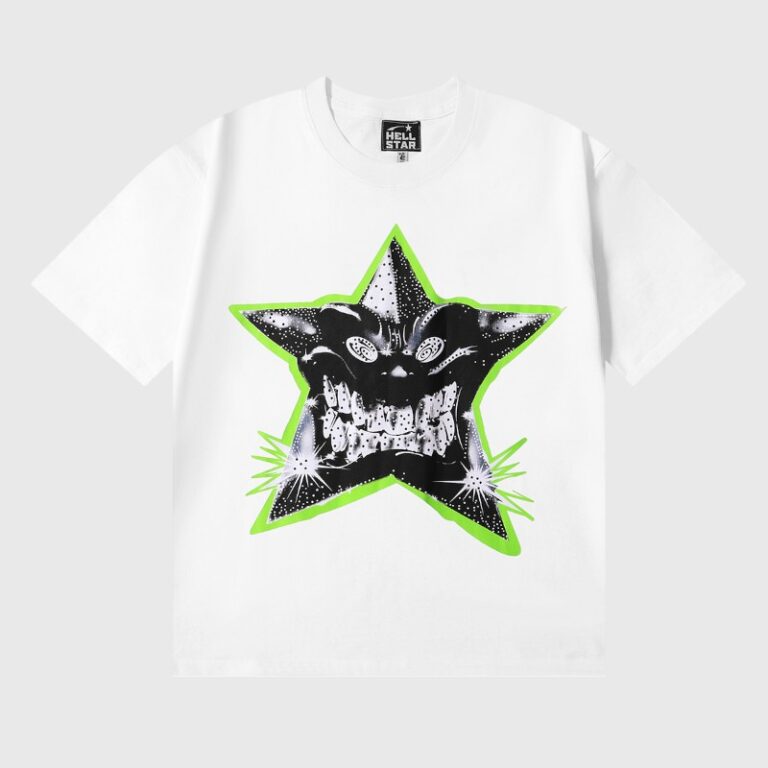 White Hellstar T-shirt featuring a monstrous star graphic with a fierce face and neon green outline for streetwear.