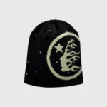 Front view of the black Hellstar Starry Night beanie featuring a celestial graphic and embroidered logo details.