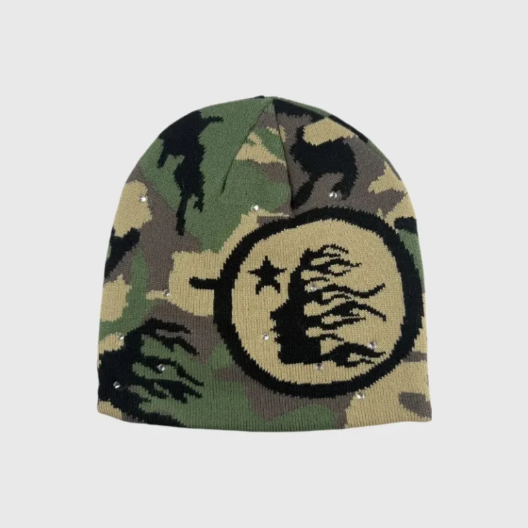 Hellstar Starry Night beanie in brown camouflage featuring a circular logo graphic with embroidered star details.