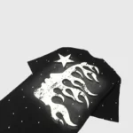 Hellstar Starry Sky black cotton t-shirt with vintage white flame and star graphic print for a streetwear style.