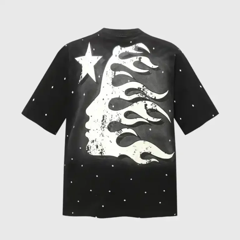 Back view of the black Hellstar Starry Sky T-shirt featuring a unique cosmic face graphic with flames and white stars.