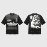 Front and back view of the black Hellstar Starry Sky t-shirt featuring a cosmic graphic and retro print design.
