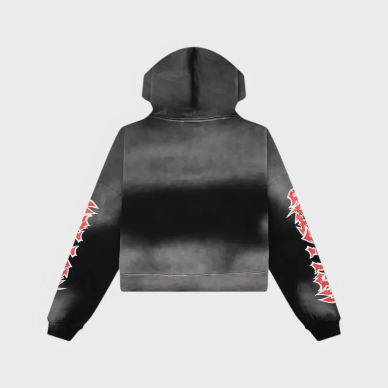 Back view of the black Hellstar Stars Shine graffiti hoodie featuring red graphic prints on the long sleeves