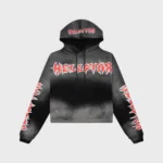Front view of the black Hellstar Stars Shine graffiti hoodie featuring red graphic logo text and sleeve detailing.