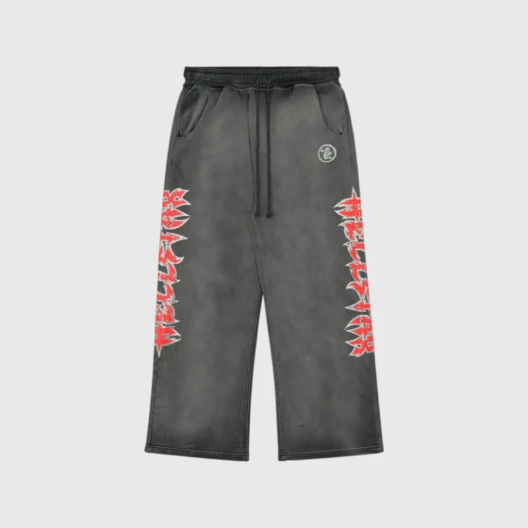 Hellstar Stars Shine Graffiti Sweatpants in dark grey featuring bold red graphic print and adjustable waistband.