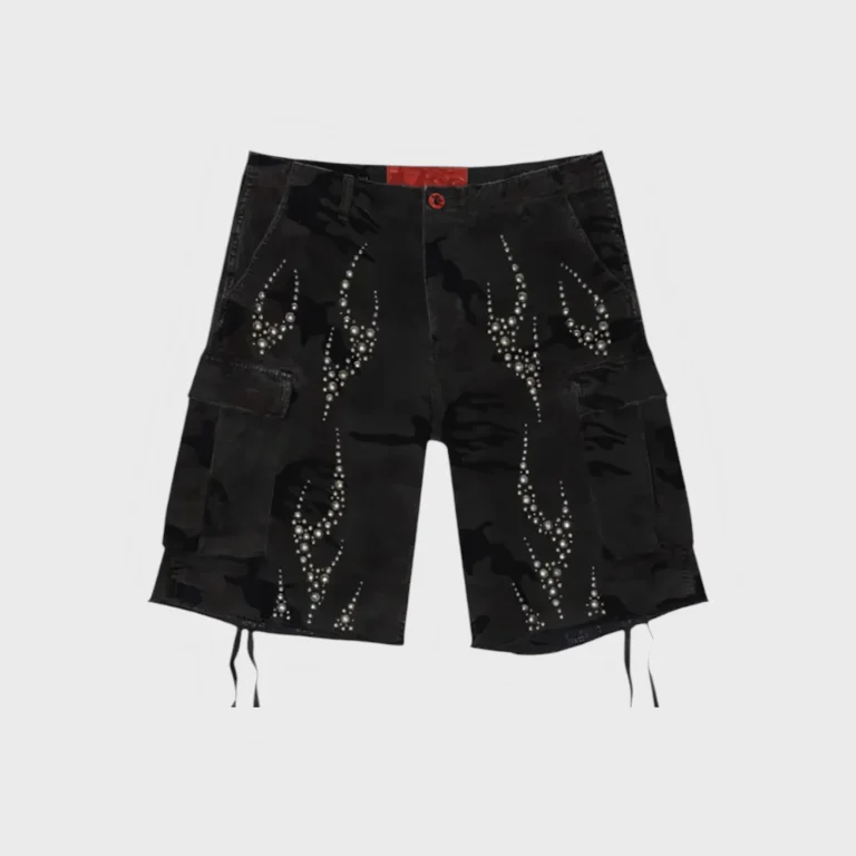 Hellstar black cargo shorts with metallic stud embellishments and functional side pockets for a rugged streetwear look.