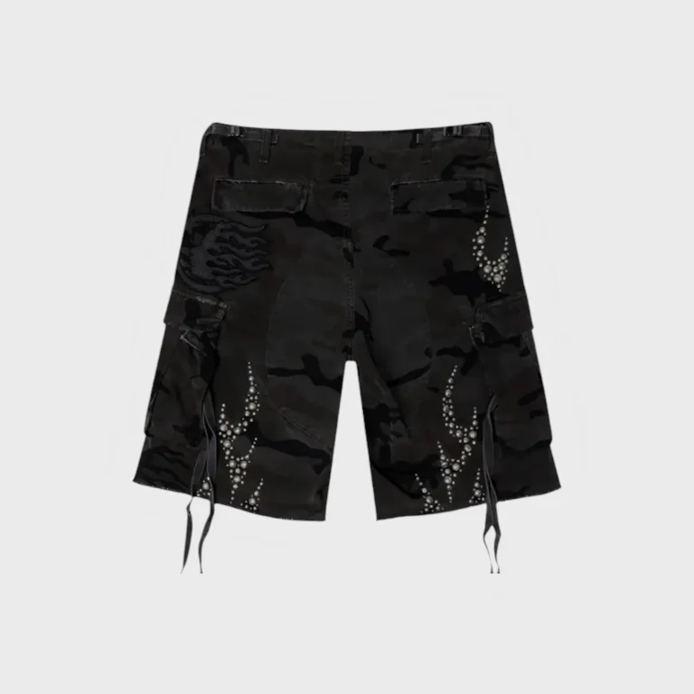 Hellstar black camouflage cargo shorts with silver studs, back view of the stylish designer casual streetwear garment.