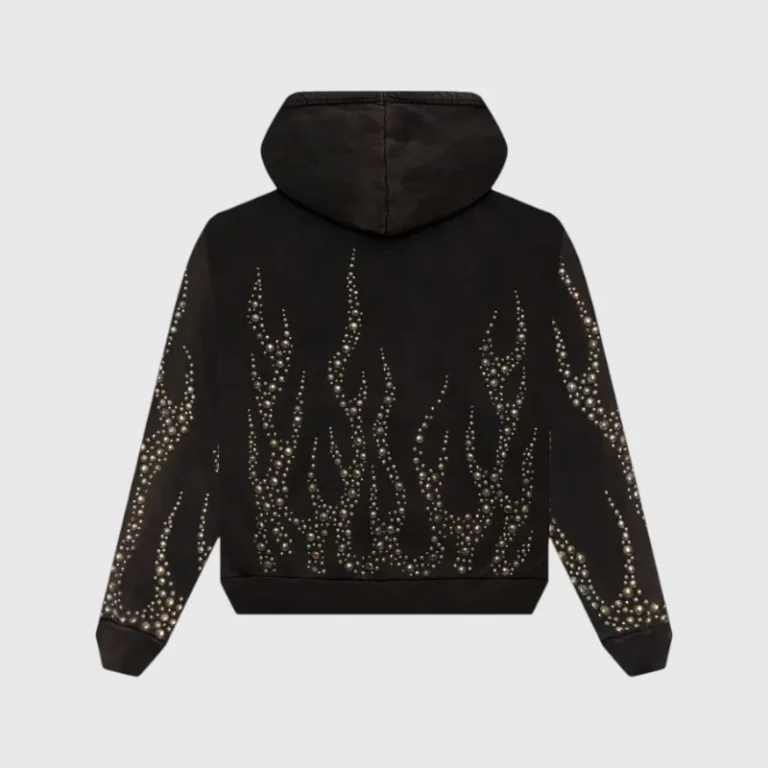 Back view of the Hellstar Studded Flame Zip-Up Hoodie in black, featuring intricate metallic stud flame patterns.