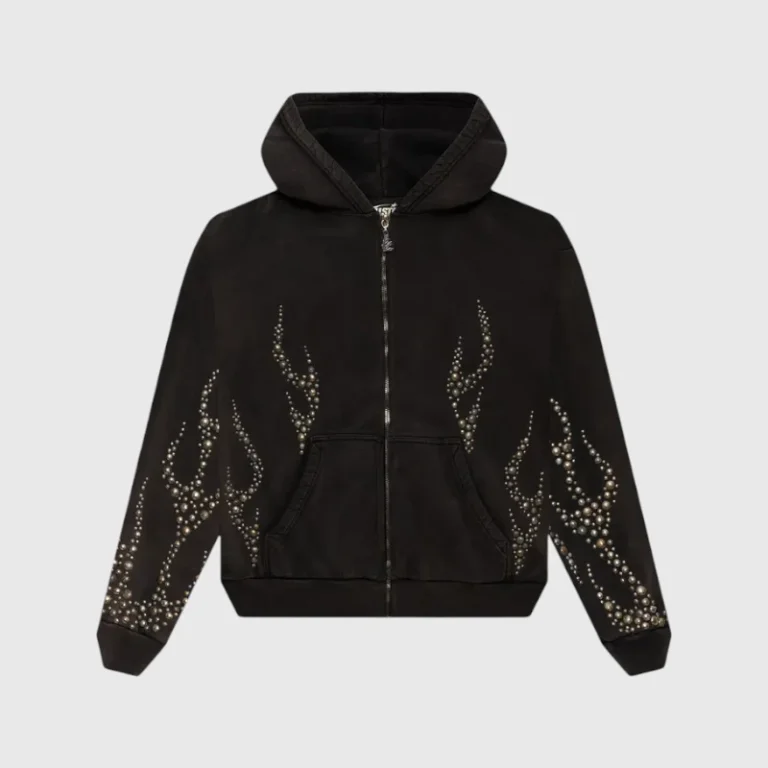 Front view of the black Hellstar Studded Flame Zip-Up Hoodie featuring intricate metallic stud detailing on sleeves.