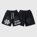 Black Hellstar Studio print logo drawstring shorts with a vintage-washed fleece fabric design for casual wear.