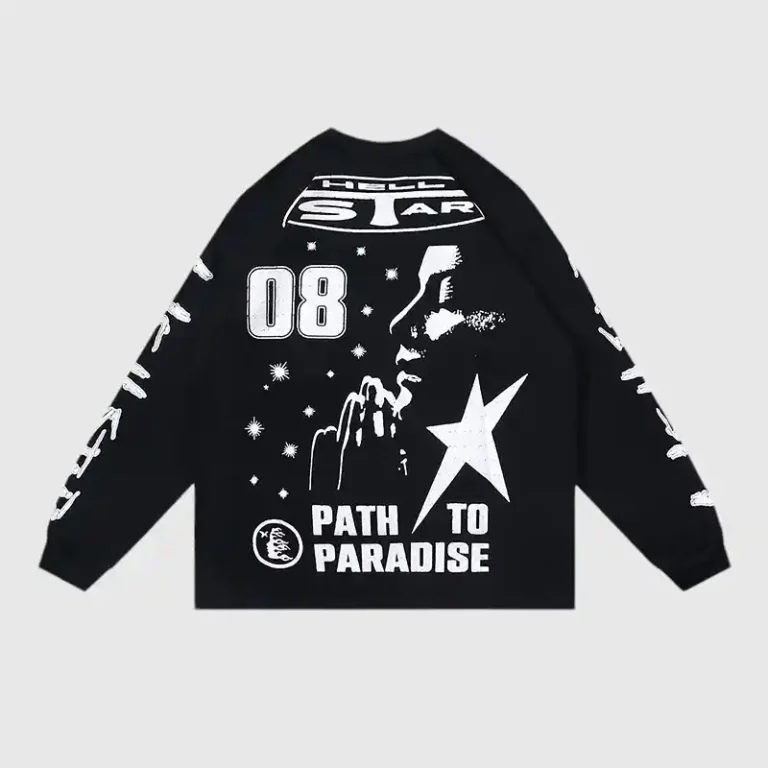 Hellstar Studios 08 graphic long sleeve shirt in black with Path to Paradise screen print design.