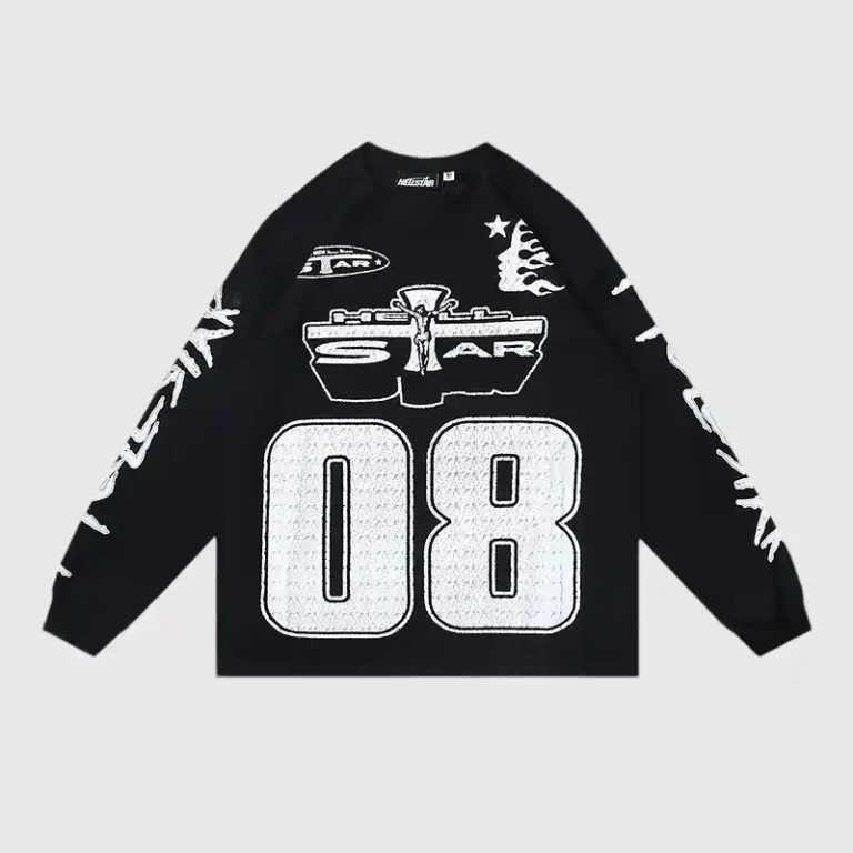 Hellstar Studios 08 graphic long sleeve shirt in vintage washed black cotton with white screen printed street design.