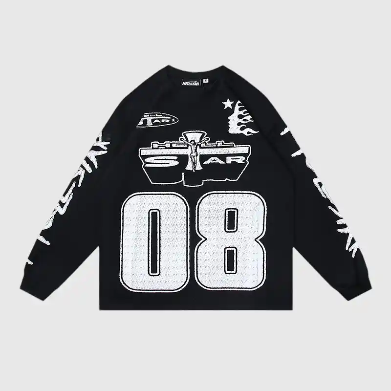 Hellstar Studios 08 Graphic Long Sleeve Shirt Black Front Hellstar Studios 08 graphic long sleeve shirt in vintage washed black cotton with white screen printed street design.