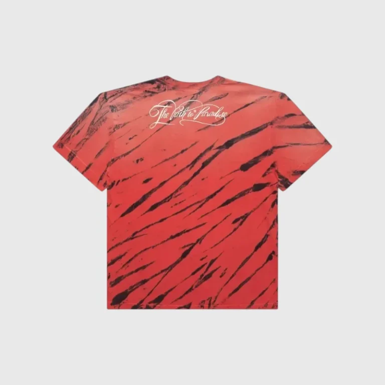 Back view of the Hellstar Studios red basic t-shirt featuring a black distressed tie-dye pattern and script text