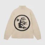 Beige Hellstar Studios zipper sweater featuring a black graphic of a flaming head in a circle on the back view.