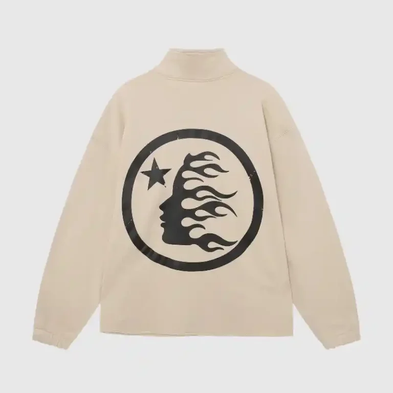 Beige Hellstar Studios zipper sweater featuring a black graphic of a flaming head in a circle on the back view.