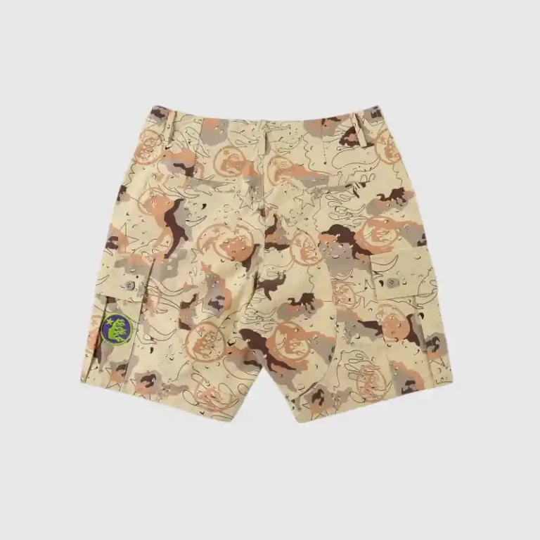 Hellstar Studios Bermuda War Short featuring a desert camo map print, cargo pockets, and signature patches.