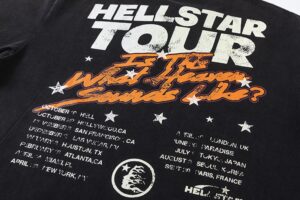 Back view of the black Hellstar Studios Biker Tour T-shirt featuring vintage graphic screen print and tour dates