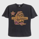 Hellstar Studios black vintage washed biker tour tee with distressed "Path to Paradise" flame and star screen print