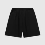 Back view of black Hellstar Studios heavyweight cotton fleece streetwear shorts with a comfortable relaxed fit