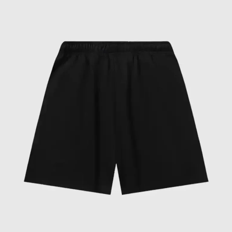 Back view of black Hellstar Studios heavyweight cotton fleece streetwear shorts with a comfortable relaxed fit