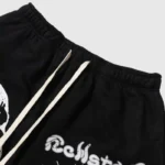Black Hellstar Studios fleece shorts featuring a vintage-washed fabric, adjustable drawstring, and signature graphic print.