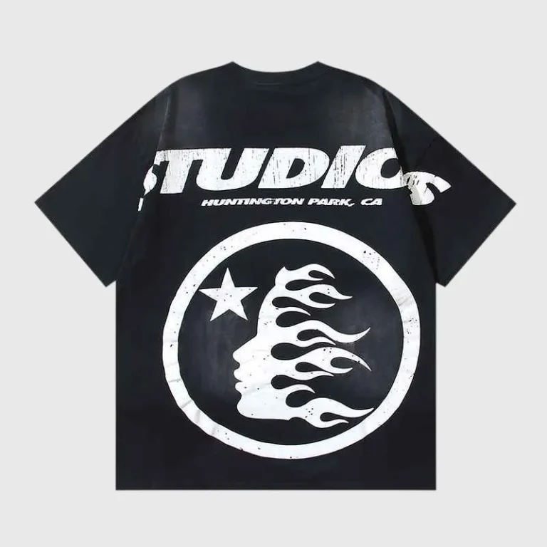 Back view of the black Hellstar Studios Cartoon Logo T-shirt with a white graphic print of a flame face and star.