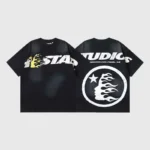 Hellstar Studios cartoon logo graphic t-shirt showing the front and back design with a black cotton fabric style.