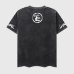 Back view of the vintage washed black Hellstar Studios Chrome Logo T-Shirt with a white graphic print on the back.