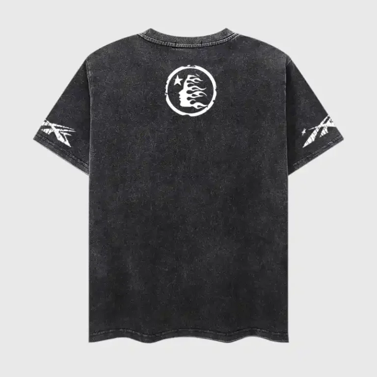 Back view of the vintage washed black Hellstar Studios Chrome Logo T-Shirt with a white graphic print on the back.