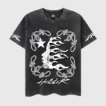 Front view of the black Hellstar Studios Chrome Logo T-shirt with a vintage washed graphic and metallic print.