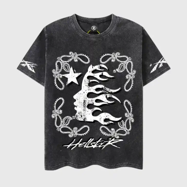 Front view of the black Hellstar Studios Chrome Logo T-shirt with a vintage washed graphic and metallic print.
