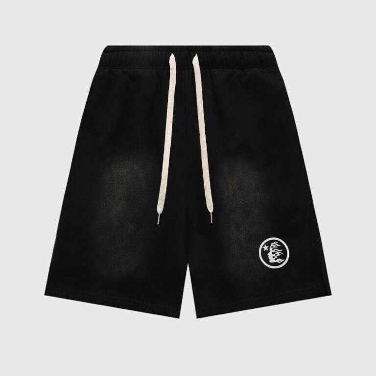 Hellstar Studios Classic Black Shorts featuring premium vintage wash fabric and a signature streetwear graphic emblem.