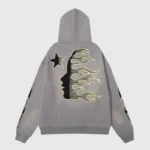 Hellstar Studios Flame Grey hoodie featuring a vintage washed effect and a black flame face graphic on the back.