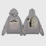 Hellstar Studios Flame Grey unisex hoodie featuring a vintage washed grey effect and unique front and back graphic prints.