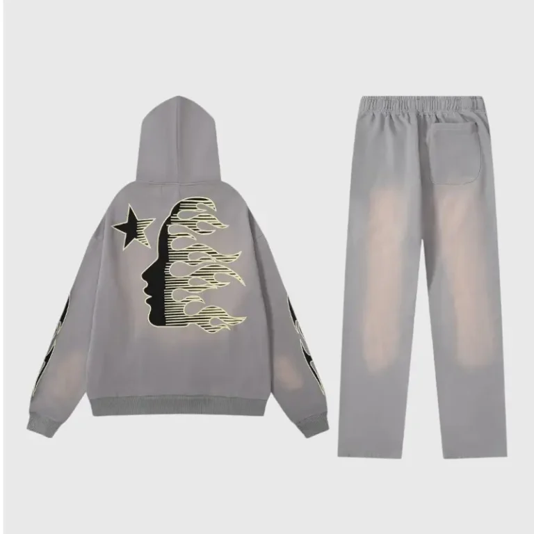 Hellstar Studios Flame Grey unisex cotton tracksuit set with flame-profile graphic hoodie and matching washed grey sweatpants