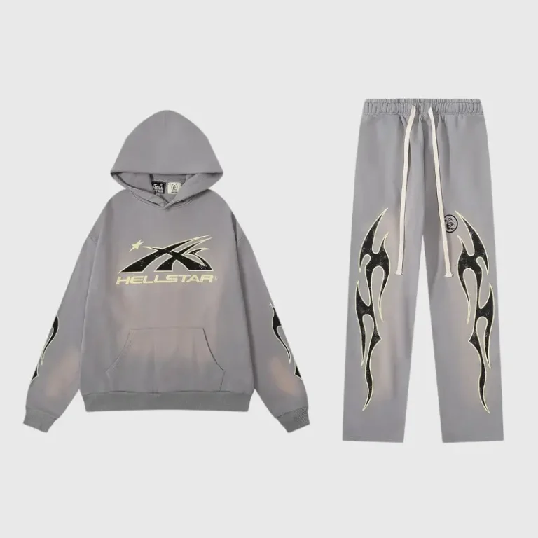 Grey Hellstar Studios matching hoodie and sweatpants set featuring a black flame graphic design on a faded background