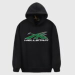 Black Hellstar Studios Future hoodie with bold futuristic green graphic print and adjustable drawstring hood design.